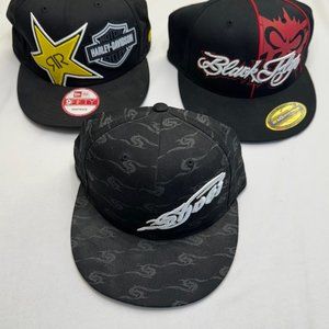 Set of 3 Black Flat Bill Baseball Hats- Harley / Rockstar, Shoei, and Black Flys